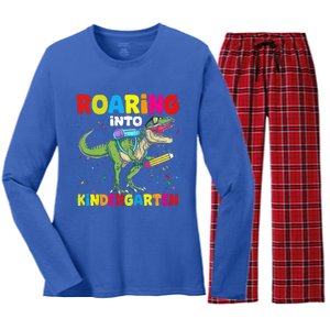 Roaring Into Kindergarten Dinosaur Back To School Women's Long Sleeve Flannel Pajama Set 