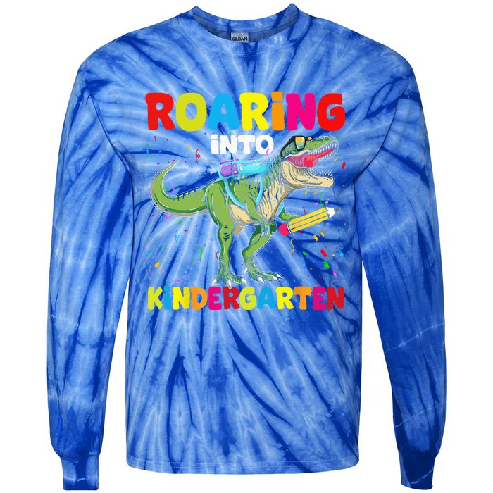 Roaring Into Kindergarten Dinosaur Back To School Tie-Dye Long Sleeve Shirt