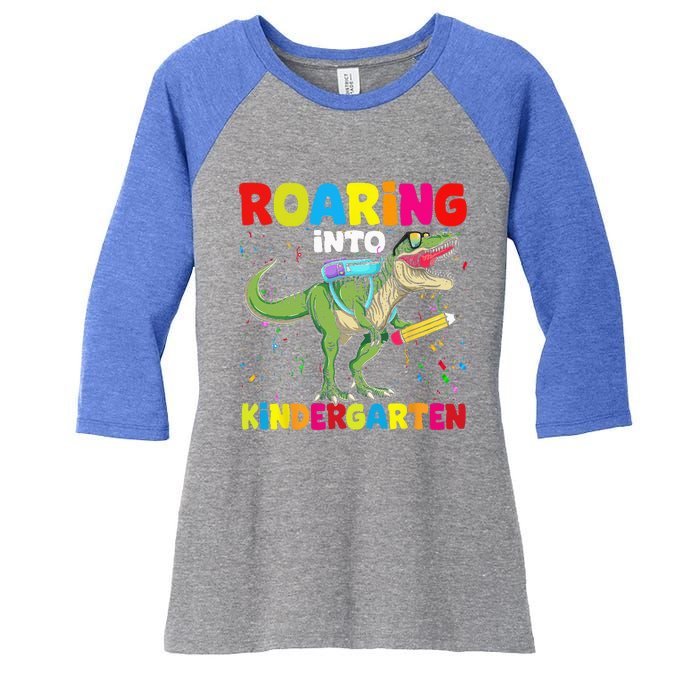 Roaring Into Kindergarten Dinosaur Back To School Women's Tri-Blend 3/4-Sleeve Raglan Shirt