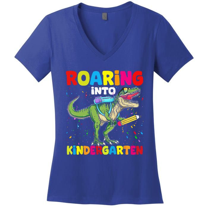 Roaring Into Kindergarten Dinosaur Back To School Women's V-Neck T-Shirt