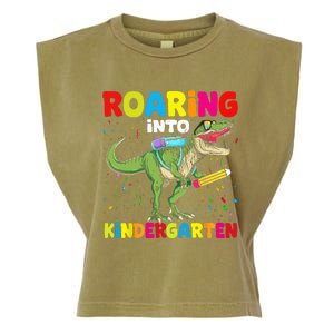 Roaring Into Kindergarten Dinosaur Back To School Garment-Dyed Women's Muscle Tee