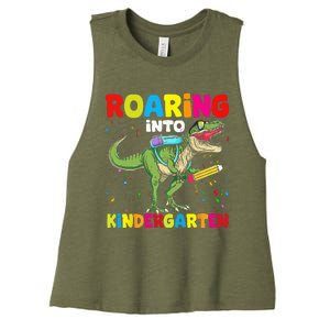 Roaring Into Kindergarten Dinosaur Back To School Women's Racerback Cropped Tank