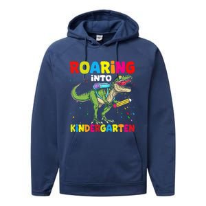 Roaring Into Kindergarten Dinosaur Back To School Performance Fleece Hoodie