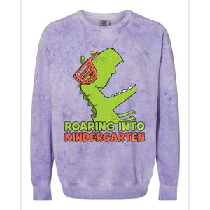 Roaring Into Kindergarten Dinosaur Back To School Colorblast Crewneck Sweatshirt