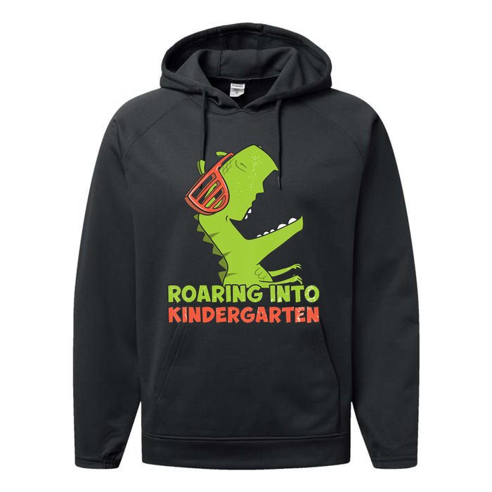 Roaring Into Kindergarten Dinosaur Back To School Performance Fleece Hoodie