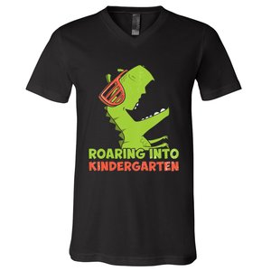 Roaring Into Kindergarten Dinosaur Back To School V-Neck T-Shirt