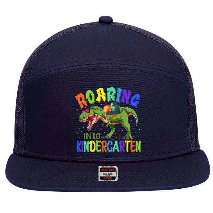 Roaring Into Kindergarten Dinosaur Ready To Crush Boy 7 Panel Mesh Trucker Snapback Hat