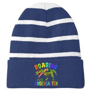 Roaring Into Kindergarten Dinosaur Ready To Crush Boy Striped Beanie with Solid Band