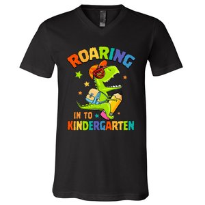 Roaring Into Kindergarten Dinosaur Back To School V-Neck T-Shirt