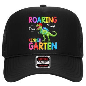 Roaring Into Kindergarten Dinosaur Student Back To School High Crown Mesh Back Trucker Hat