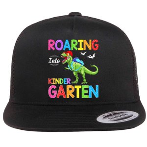 Roaring Into Kindergarten Dinosaur Student Back To School Flat Bill Trucker Hat