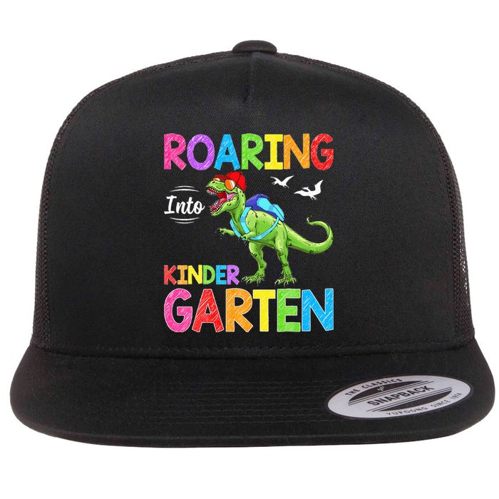 Roaring Into Kindergarten Dinosaur Student Back To School Flat Bill Trucker Hat