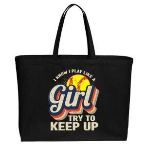 Retro I Know I Play Like A Girl Try To Keep Up Softball Cotton Canvas Jumbo Tote