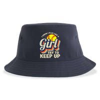 Retro I Know I Play Like A Girl Try To Keep Up Softball Sustainable Bucket Hat