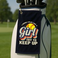 Retro I Know I Play Like A Girl Try To Keep Up Softball Golf Towel