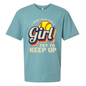 Retro I Know I Play Like A Girl Try To Keep Up Softball Sueded Cloud Jersey T-Shirt