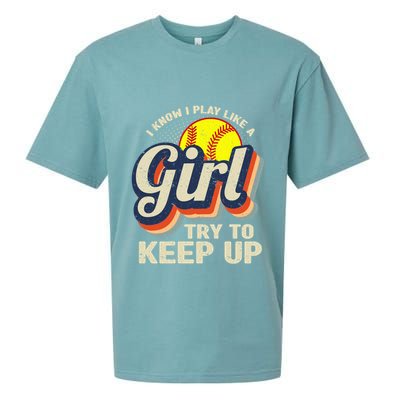 Retro I Know I Play Like A Girl Try To Keep Up Softball Sueded Cloud Jersey T-Shirt