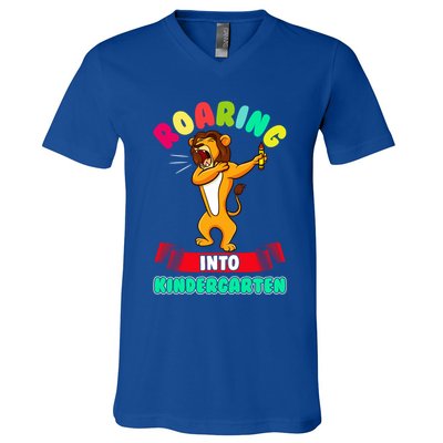 Roaring Into Kindergarten First Day Of School Kindergarten Great Gift V-Neck T-Shirt
