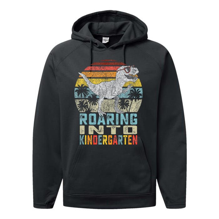 Roaring Into Kindergarten Dinosaur 1st Day Back To School Performance Fleece Hoodie