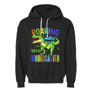 Roaring Into Kindergarten Dinosaur T Rex Back to School Garment-Dyed Fleece Hoodie