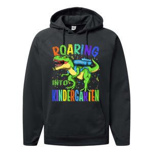 Roaring Into Kindergarten Dinosaur T Rex Back to School Performance Fleece Hoodie