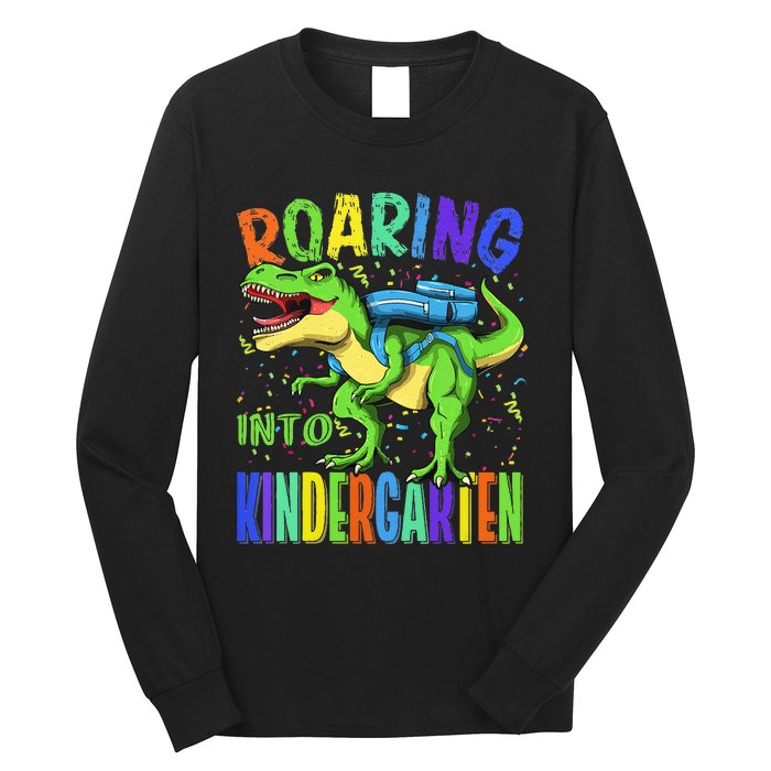 Roaring Into Kindergarten Dinosaur T Rex Back to School Long Sleeve Shirt