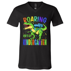 Roaring Into Kindergarten Dinosaur T Rex Back to School V-Neck T-Shirt