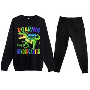 Roaring Into Kindergarten Dinosaur T Rex Back to School Premium Crewneck Sweatsuit Set