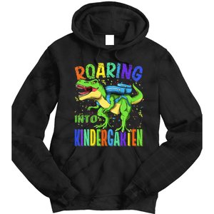 Roaring Into Kindergarten Dinosaur T Rex Back to School Tie Dye Hoodie