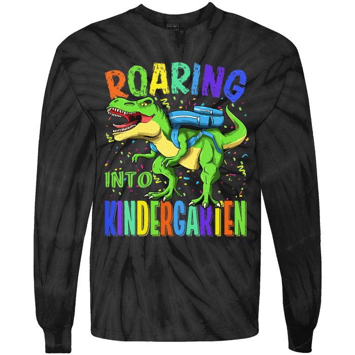 Roaring Into Kindergarten Dinosaur T Rex Back to School Tie-Dye Long Sleeve Shirt