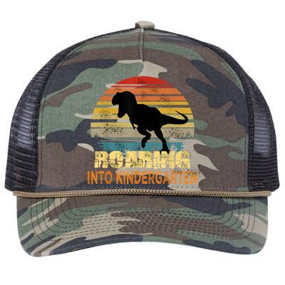 Roaring Into Kindergarten Dinosaur 1st Day Back To School Retro Rope Trucker Hat Cap