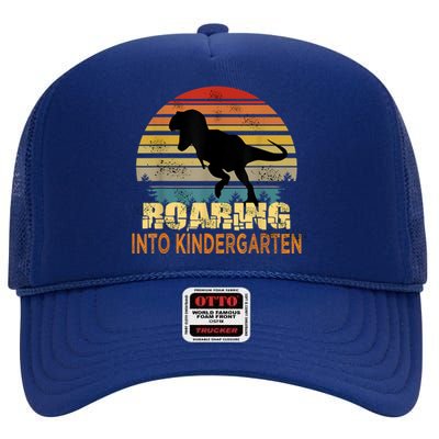 Roaring Into Kindergarten Dinosaur 1st Day Back To School High Crown Mesh Back Trucker Hat