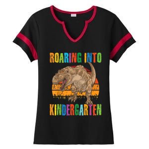 Roaring Into Kindergarten Dinosaur Back To School Boy Girl Ladies Halftime Notch Neck Tee