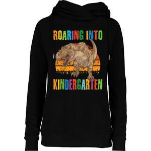 Roaring Into Kindergarten Dinosaur Back To School Boy Girl Womens Funnel Neck Pullover Hood