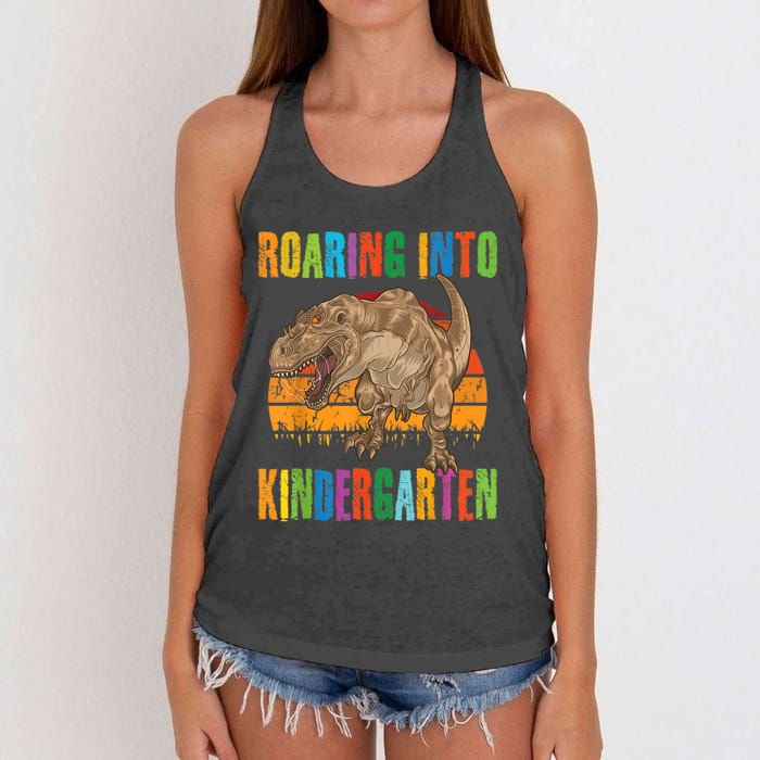 Roaring Into Kindergarten Dinosaur Back To School Boy Girl Women's Knotted Racerback Tank