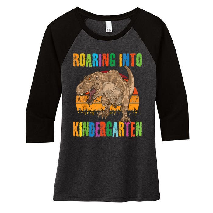 Roaring Into Kindergarten Dinosaur Back To School Boy Girl Women's Tri-Blend 3/4-Sleeve Raglan Shirt