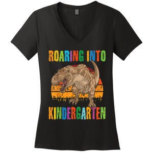 Roaring Into Kindergarten Dinosaur Back To School Boy Girl Women's V-Neck T-Shirt