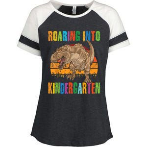 Roaring Into Kindergarten Dinosaur Back To School Boy Girl Enza Ladies Jersey Colorblock Tee