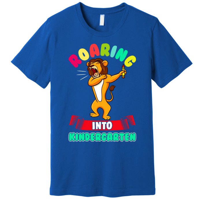 Roaring Into Kindergarten First Day Of School Kindergarten Cool Gift Premium T-Shirt