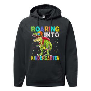 Roaring Into Kindergarten Dinosaur T Rex Back To School Boy Performance Fleece Hoodie