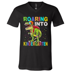 Roaring Into Kindergarten Dinosaur T Rex Back To School Boy V-Neck T-Shirt