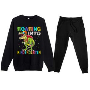 Roaring Into Kindergarten Dinosaur T Rex Back To School Boy Premium Crewneck Sweatsuit Set