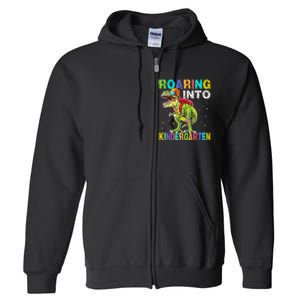 Roaring Into Kindergarten Dinosaur T Rex Back To School Boy Full Zip Hoodie