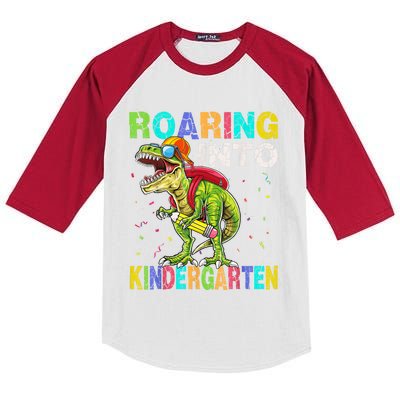 Roaring Into Kindergarten Dinosaur T Rex Back To School Boy Kids Colorblock Raglan Jersey