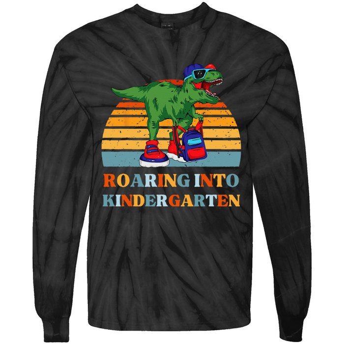 Roaring Into Kindergarten Dinosaur T Rex Back to School Tie-Dye Long Sleeve Shirt