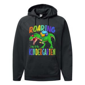 Roaring Into Kindergarten Dinosaur T Rex Back To School Boy Performance Fleece Hoodie