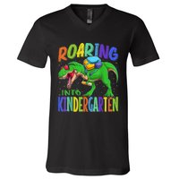 Roaring Into Kindergarten Dinosaur T Rex Back To School Boy V-Neck T-Shirt