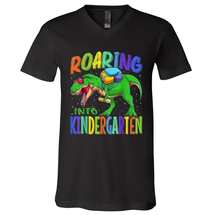 Roaring Into Kindergarten Dinosaur T Rex Back To School Boy V-Neck T-Shirt