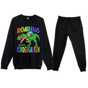 Roaring Into Kindergarten Dinosaur T Rex Back To School Boy Premium Crewneck Sweatsuit Set