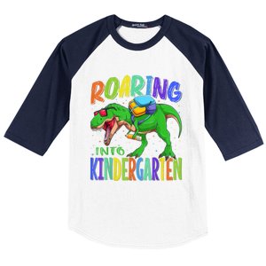 Roaring Into Kindergarten Dinosaur T Rex Back To School Boy Baseball Sleeve Shirt